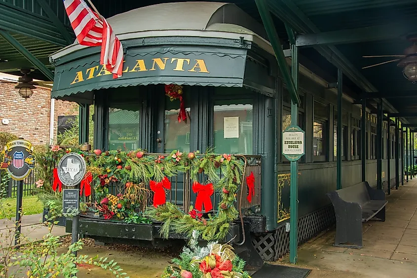 Jay Gould's special train car “The Atlanta” on display across from the Excelsior House Hotel on Austin Street in Jefferson city in Marion County, Texas.