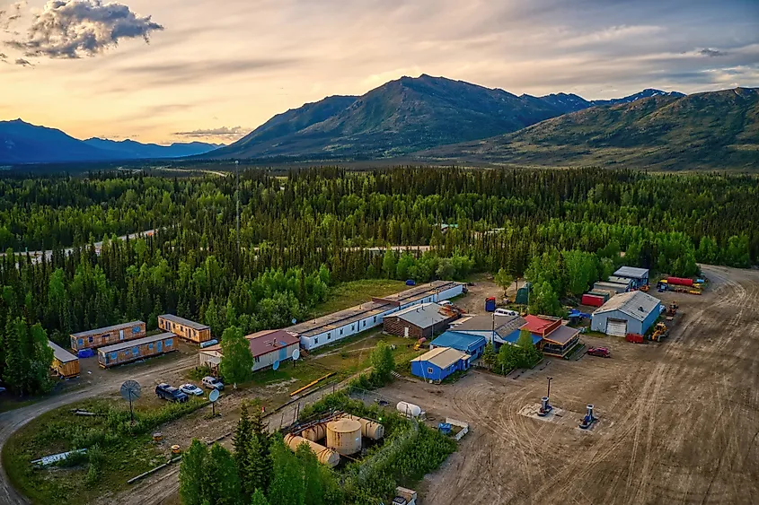 : Aerial view of Coldfoot, Alaska, along the Dalton Highway.