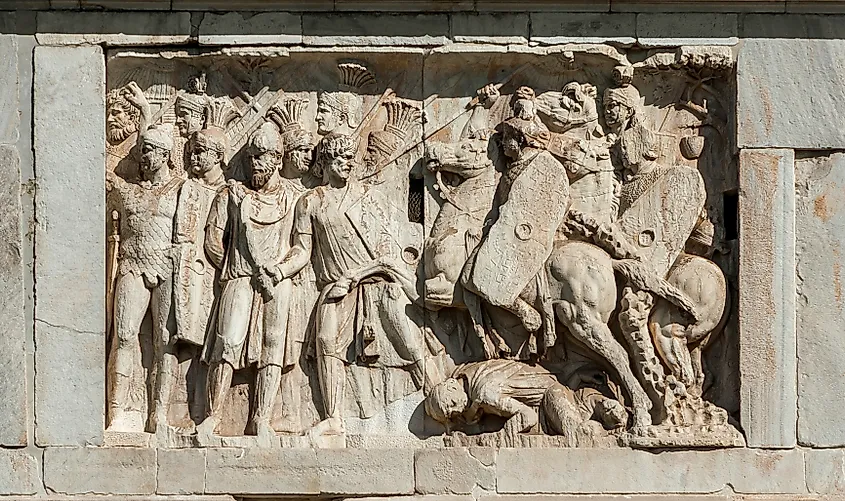 Relief of a battle scene between the Roman legion and Barbarians from Rome.