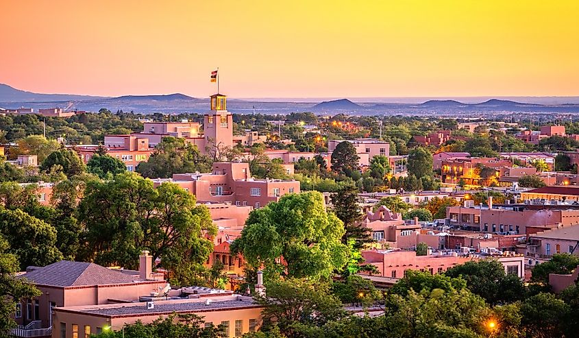 Santa Fe, New Mexico, USA downtown skyline at dusk.