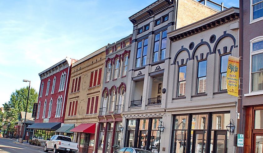 A row of colorful, historic buildings on the main street in downtown Paducah. 