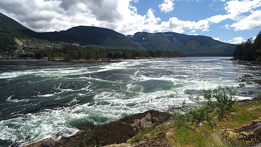 Skookumchuck Narrows on the Sunshine Coast of British Columbia, Canada, a tidal rapid with whirlpools popular with extreme kayakers.