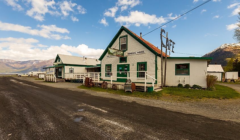 Old cabin, library, and other sites in the town of Hope, Alaska.