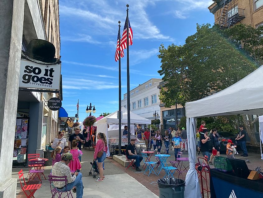 A moderate crowd of people perusing a street market on a bluebird day. 