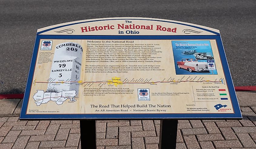 St. Clairsville, Ohio. Historic sign telling story of National Road, the first Federally funded highway in the United States.