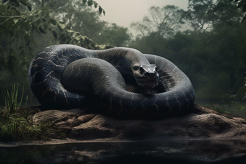 An illustration showing a Titanoboa in a tropical forest.