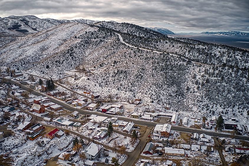 Aerial view of the tiny town of Austin, Nevada, on Highway 50.