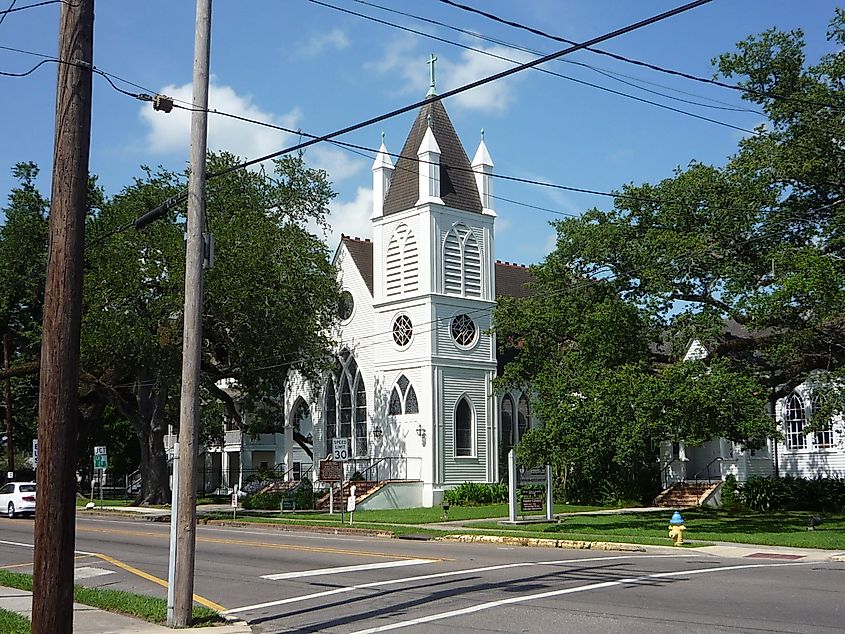 A white church in Houma, Louisiana.