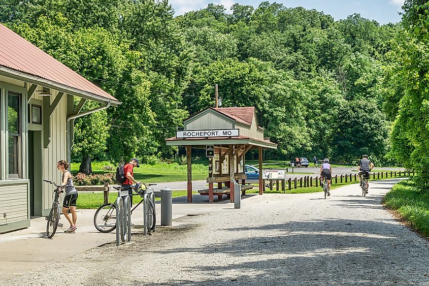 Cyclists at Rocheport station on Katy Trail in Rocheport, Missouri.