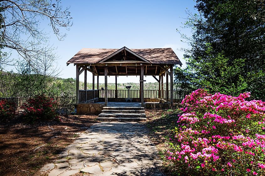 Overlook pavilion surrounded by pink flowers at Tallulah Gorge State Park in Tallulah Falls, Georgia.