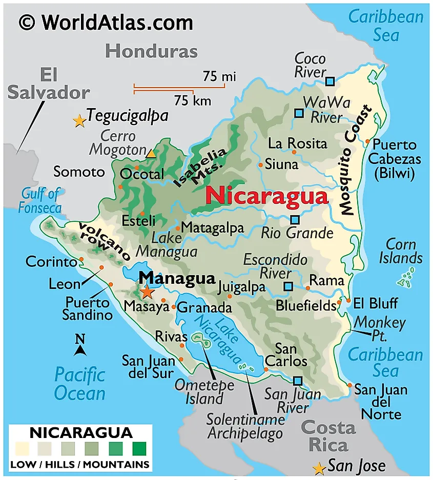 Physical map of Nicaragua showing the Pacific coast on the west and the Mosquito (Caribbean) Coast on the east.