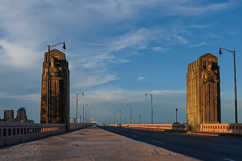 View of Hope Memorial Bridge and "Guardian of Traffic" sculptures from roadway Cleveland, Ohio.