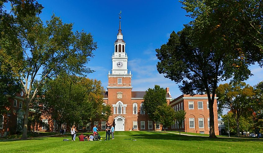 The Baker-Berry Library on the campus of Dartmouth College. Dartmouth College is a private Ivy League research university in Hanover