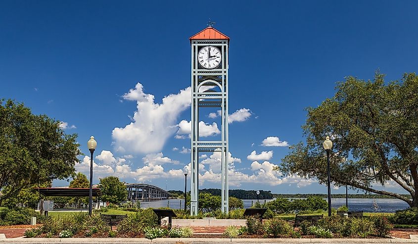 Clock tower at Riverfront Park in Palatka along the St John's River.