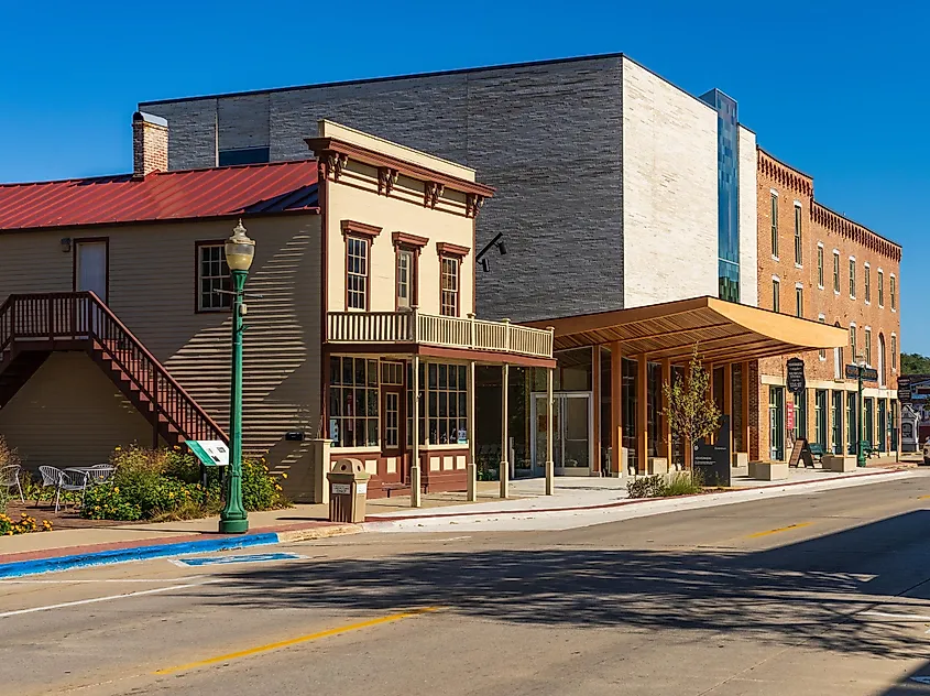 View of buildings along a street in Decorah, Iowa.