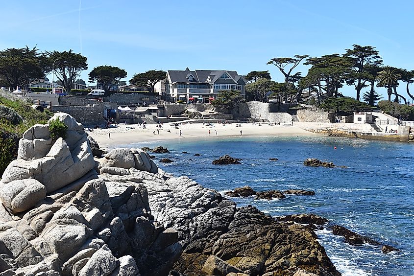 Lovers Point Park in Pacific Grove, California, located in Monterey County, featuring scenic coastal views and lush green spaces.