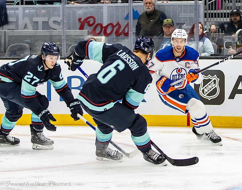 Connor McDavid of the Edmonton Oilers playing against the Seattle Kraken. Image credit Jenn G via Wikimedia.