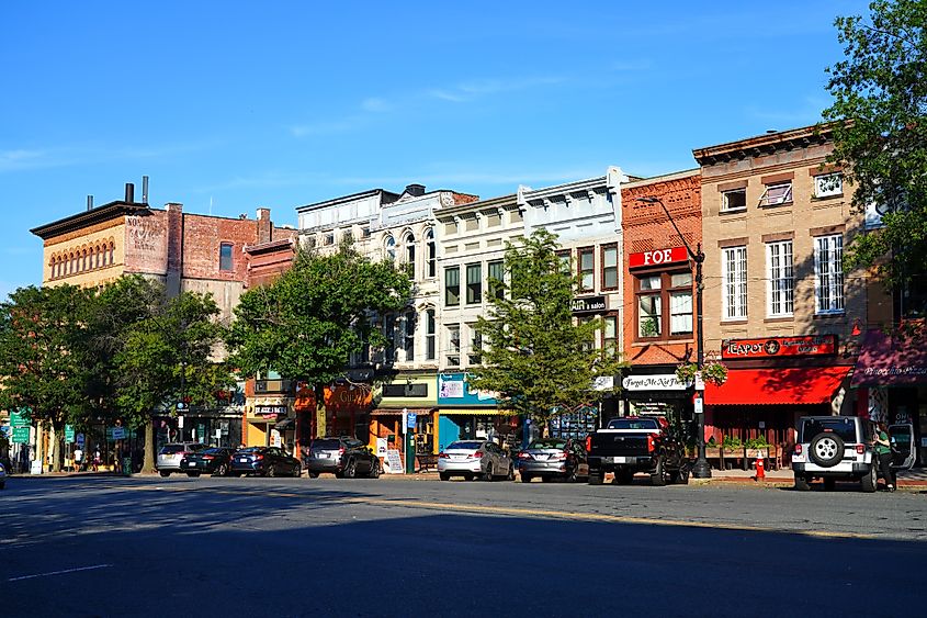 Vibrant buildings in the downtown area of Northampton, Massachusetts