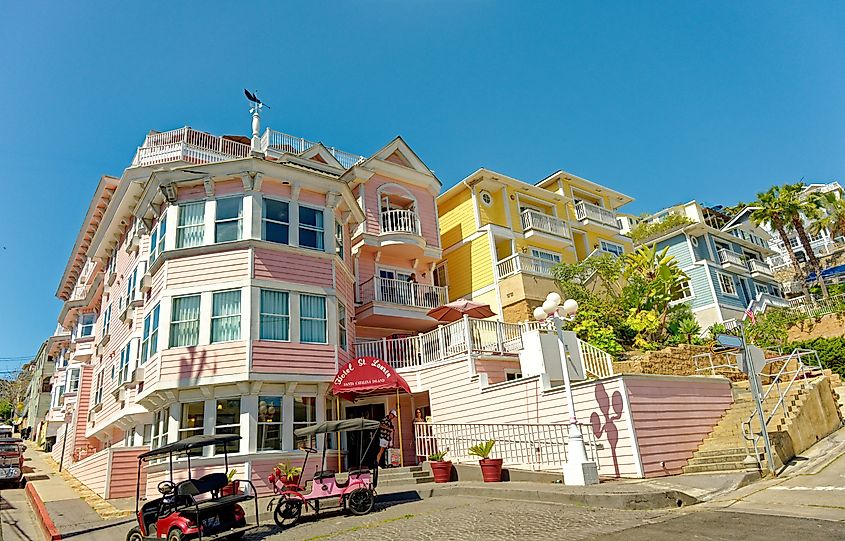 Bright colored houses in the town of Avalon, California