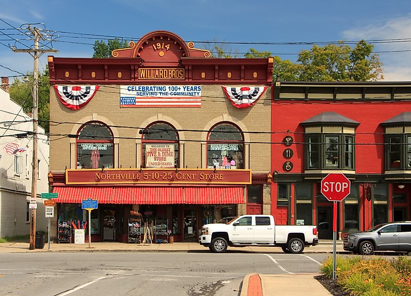 Historic downtown on a sunny afternoon in Northville, New York.