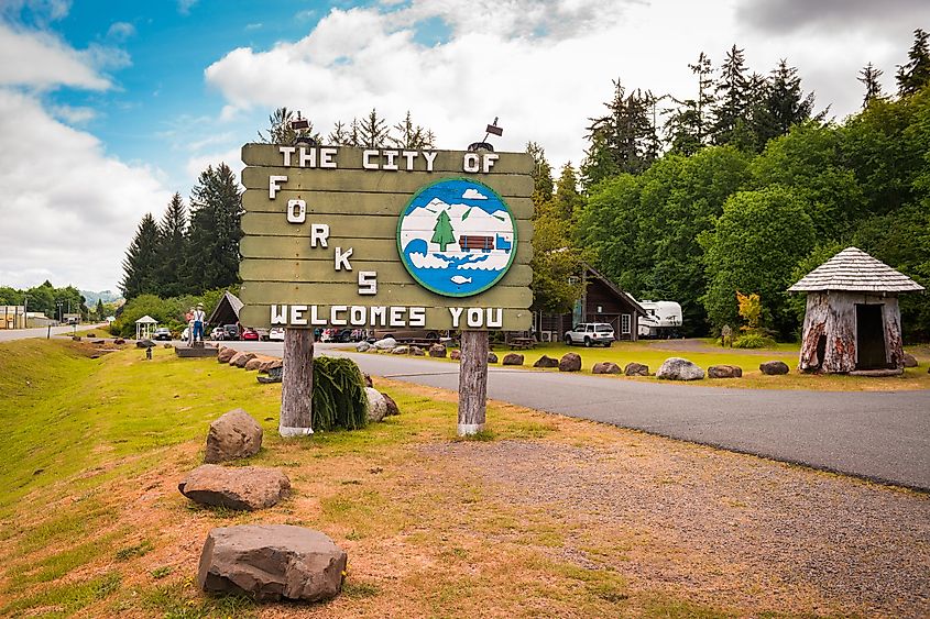 The welcome sign in Forks, Washington