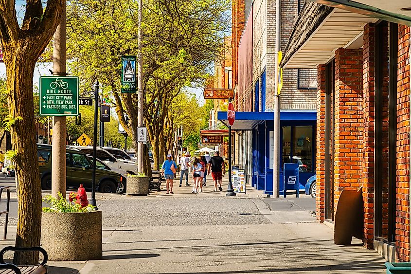 Shops, galleries and cafes line Main Street in the historic downtown area of Moscow, Idaho.