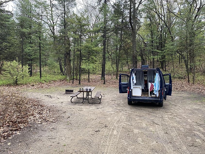 A small blue camper van at a wooded campsite with picnic table and fire pit