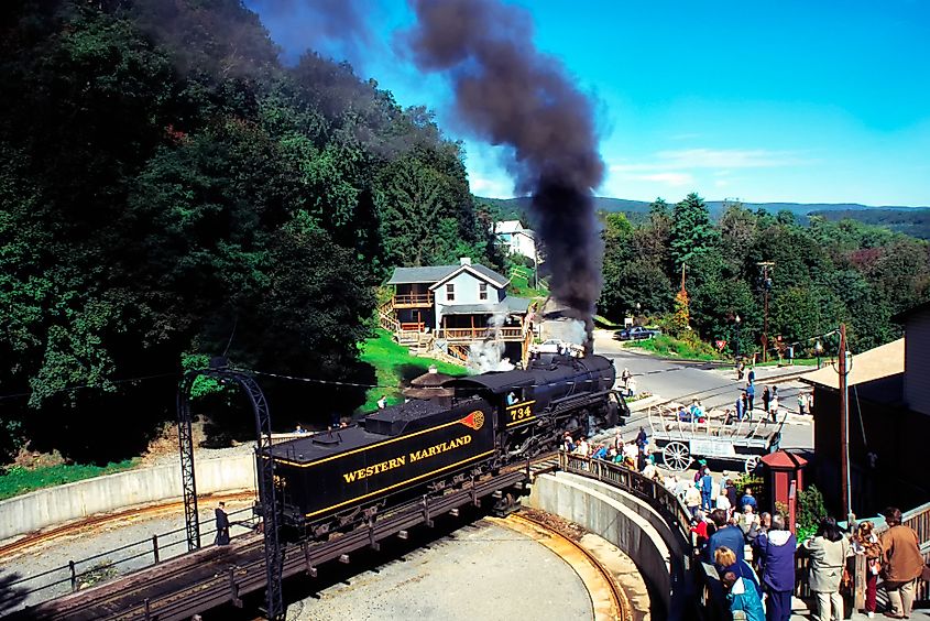 Western Maryland Railroad train engine on the turntable in Frostburg, Maryland.