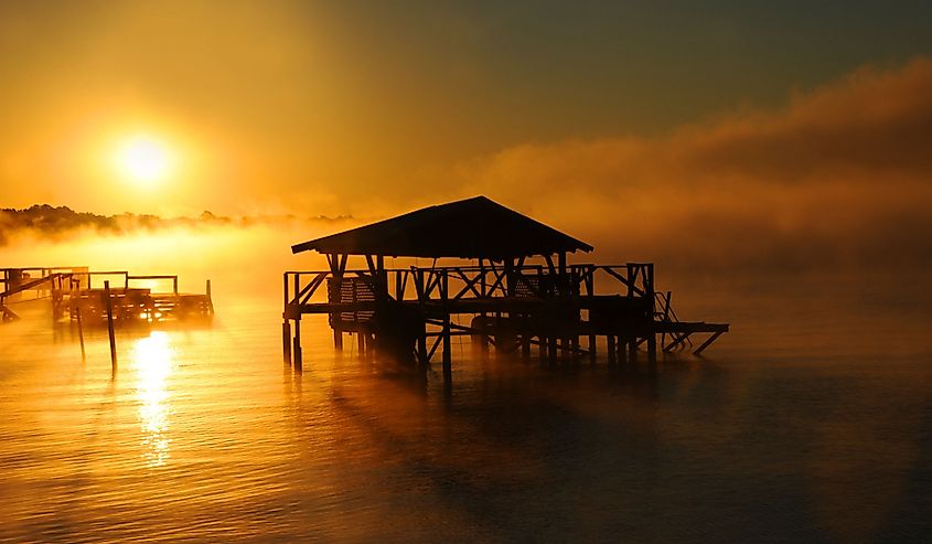 Early morning mist rises from Lake Chicot in Lake Village, Arkansas. 