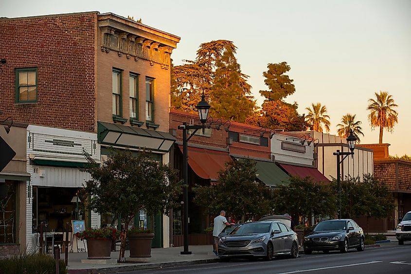 Sunset view of the historic downtown area of San Dimas, California