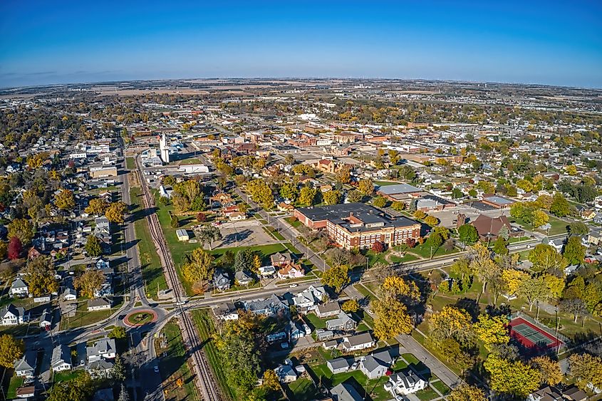Aerial view of downtown Norfolk, Nebraska during autumn.