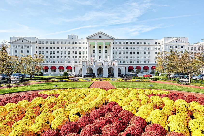 Exterior Entrance of Greenbrier Hotel Resort, White Sulphur Springs, West Virginia, USA.