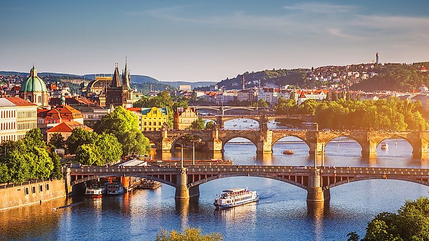 The Vltava River runs underneath the Charles Bridge in Prague, Czech Republic.