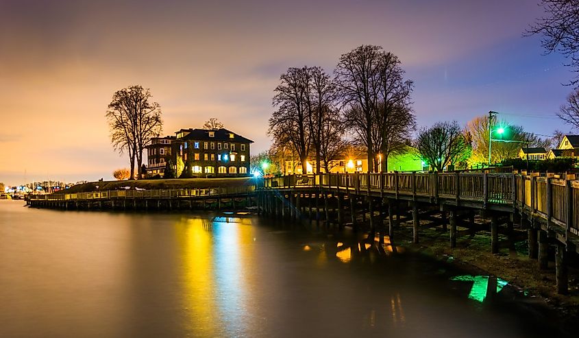 Boardwalk along the waterfront at night, in Havre de Grace, Maryland.