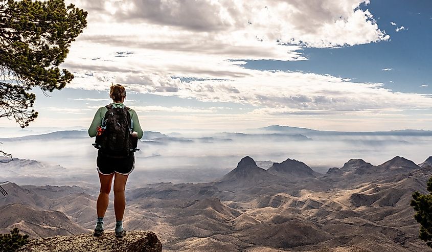 Hiker Looking Out From South Rim Trail in Big Bend National Park.