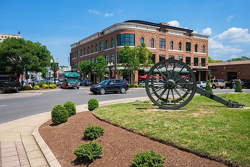 Memorial to the Confederate soldiers of the American Civil War along Main Street in Franklin, Tennessee, a small town south of Nashville.