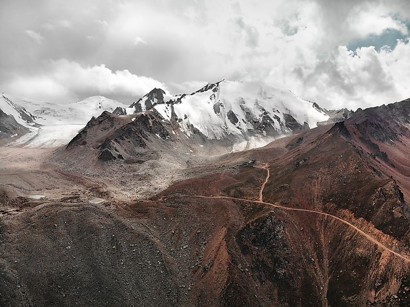 Aerial panoramic view of a mountain valley in the Tien Shan Mountains, Almaty, Kazakhstan, captured by drone.