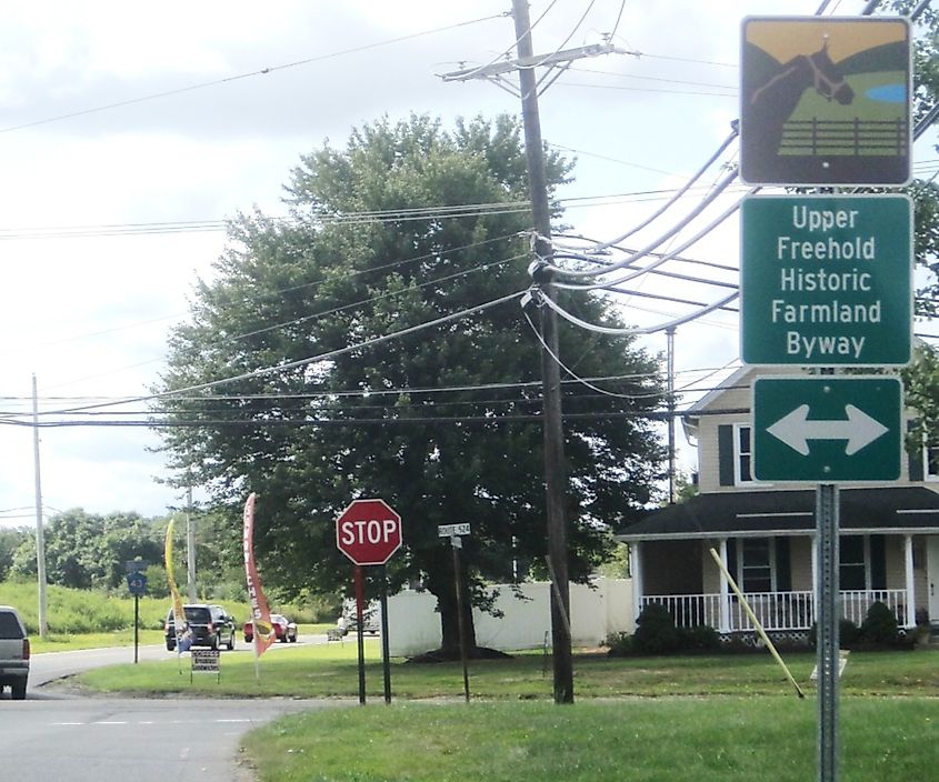 Sign for the Upper Freehold Historic Farmland Byway as seen on Imlaystown-Hightstown Road southbound approaching County Route 524.