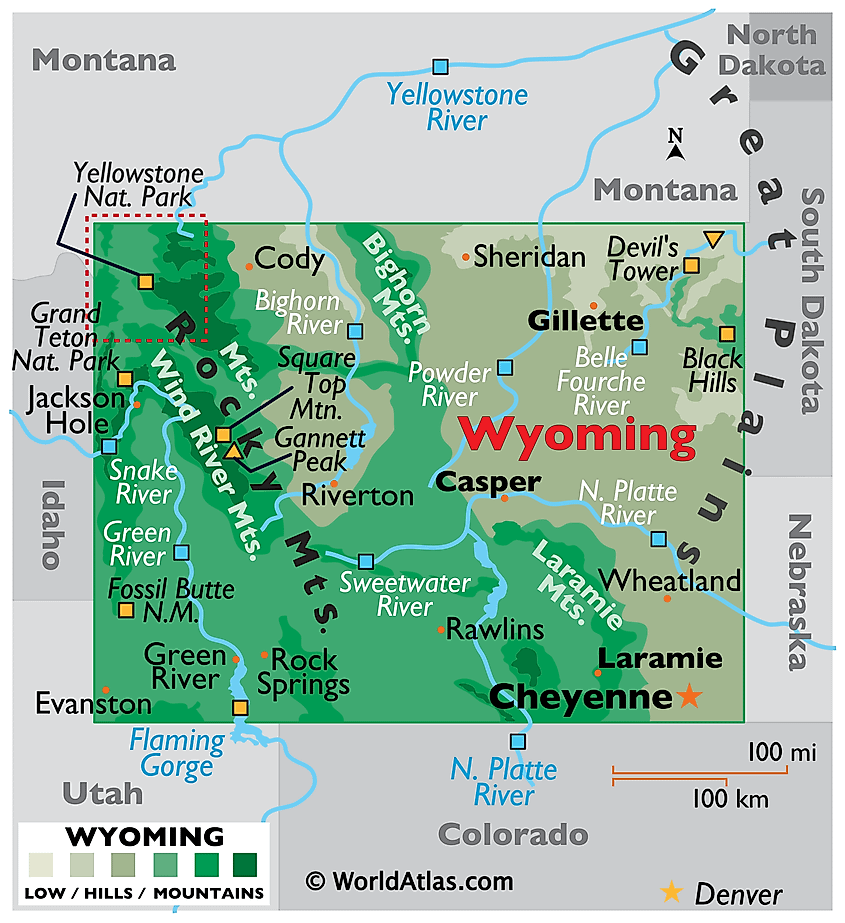 Physical map of Wyoming showing major cities, terrain, mountain ranges, and rivers including Yellowstone.