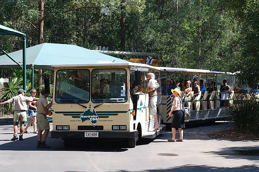 Tourist train with zoo visitors at Australia Zoo in Beerwah, Queensland, Australia.