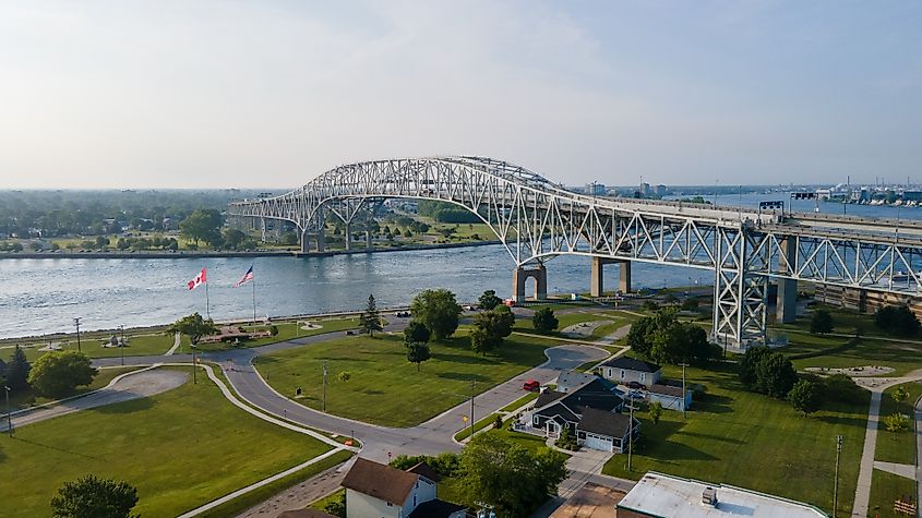 Aerial view of the Blue Water Bridge in Port Huron, Michigan, USA. Editorial credit: Matthew G Eddy / Shutterstock.com