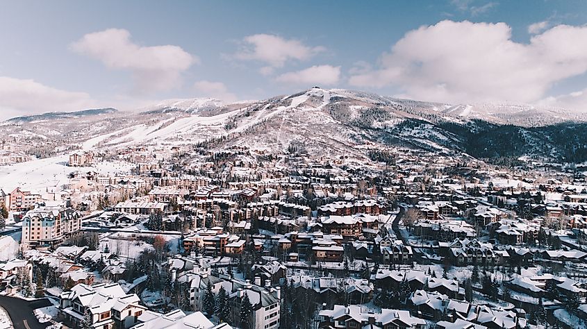 Aerial view of Steamboat Springs in Colorado during the winter.