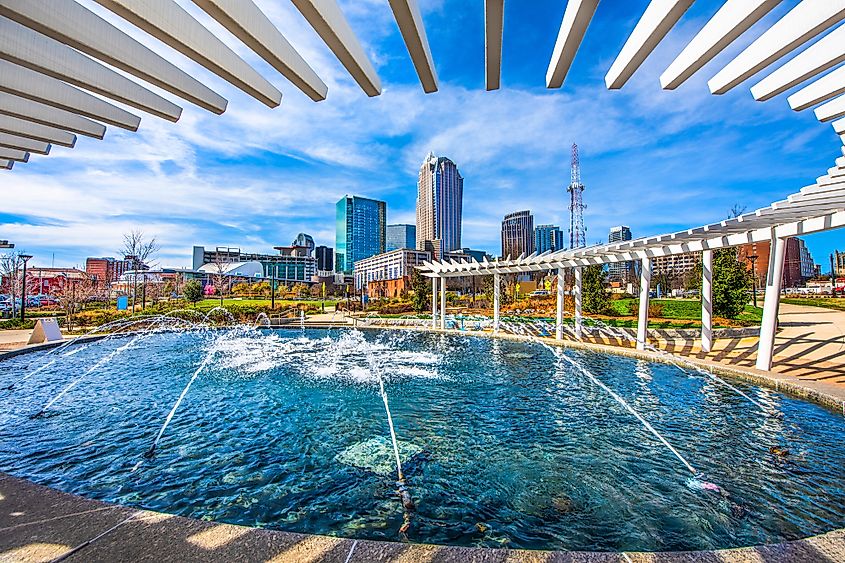 Skyline of Charlotte, North Carolina, from First Ward Park Fountain.