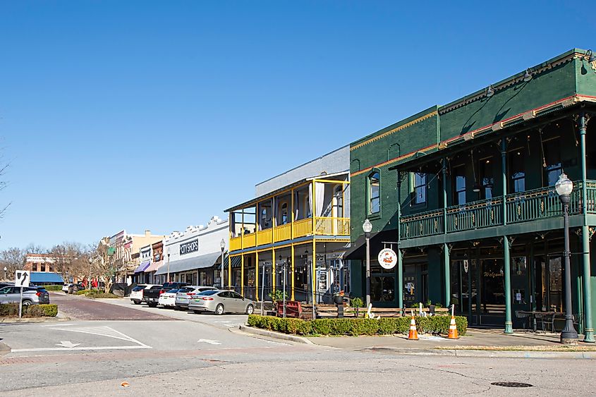 Businesses in downtown Opelika on Railroad Street. Editorial credit: JNix / Shutterstock.com