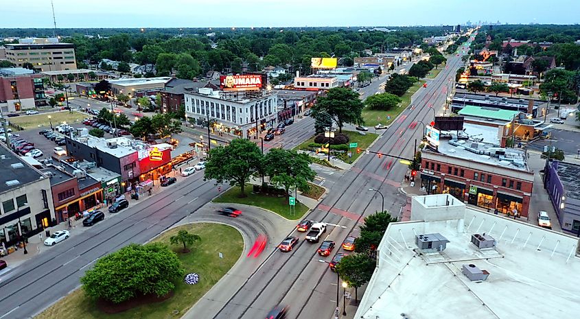 The core of Ferndale, Michigan's downtown area is the intersection of 9 Mile Rd and Woodward Avenue