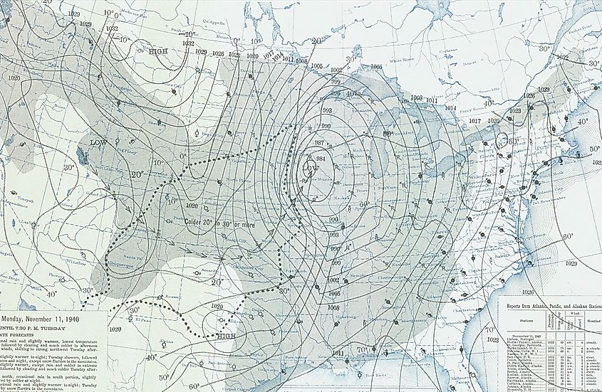 Weather analysis map showing the low-pressure system over the Midwestern United States on November 11, 1940, during the Armistice Day Blizzard.
