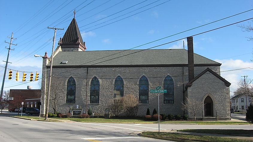 Western side of Holy Angels Catholic Church, located at 428 Tiffin Avenue (U.S. Route 6) in Sandusky, Ohio