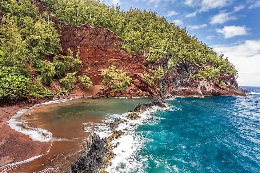 The Kaihalulu Red Sand Beach. 