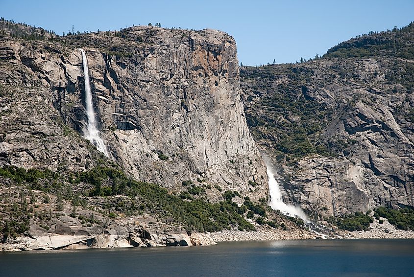 Tueeulala and Wapama Falls at Hetch Hetchy Reservoir near Groveland, California