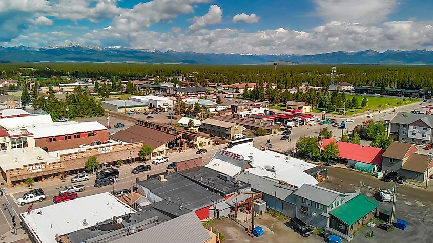 Aerial view of city buildings and streets in West Yellowstone, Montana.